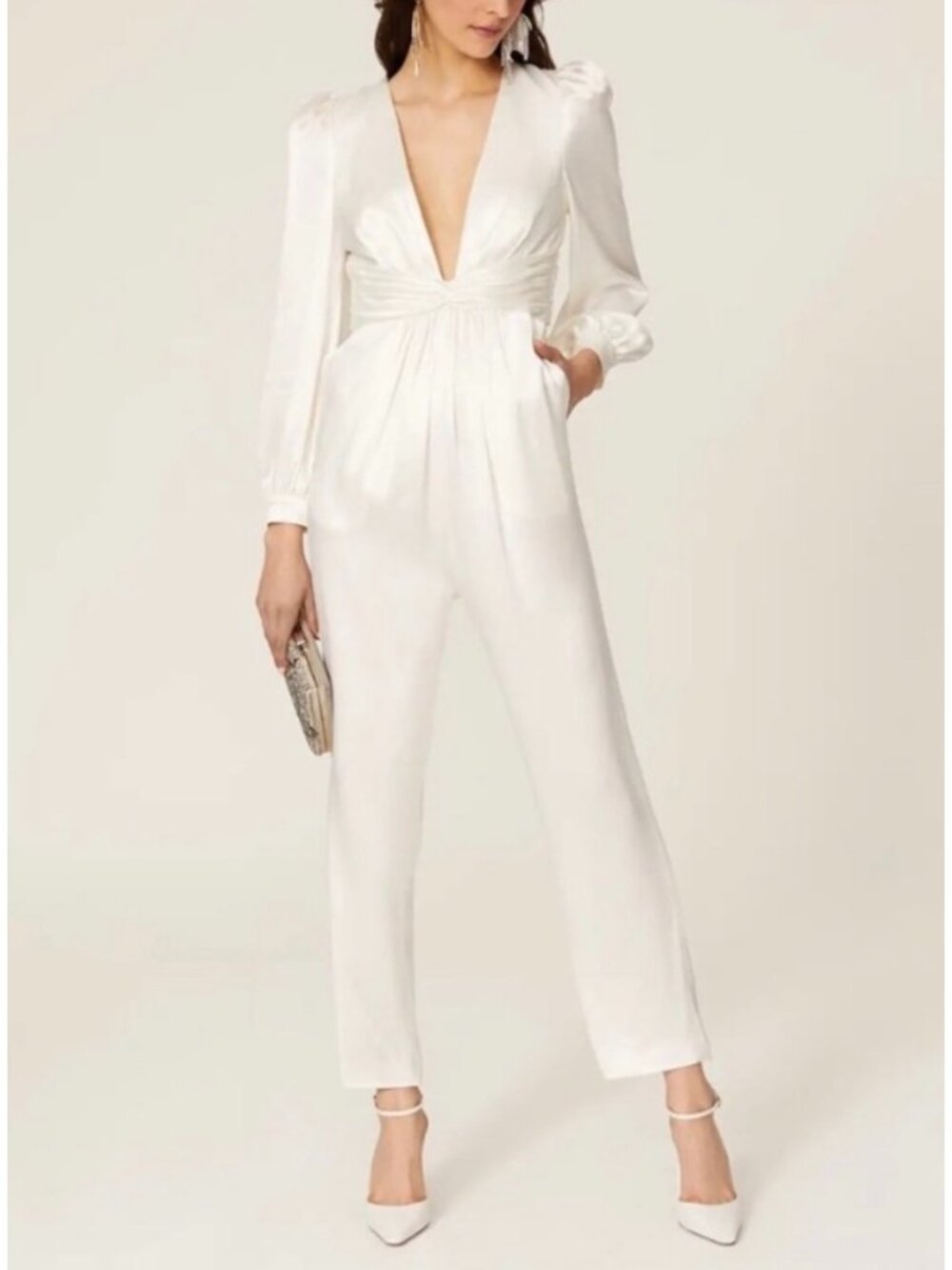 Mac Duggal Formal Long Sleeve White Satin Jumpsuit Size 2 - Picture 3 of 8